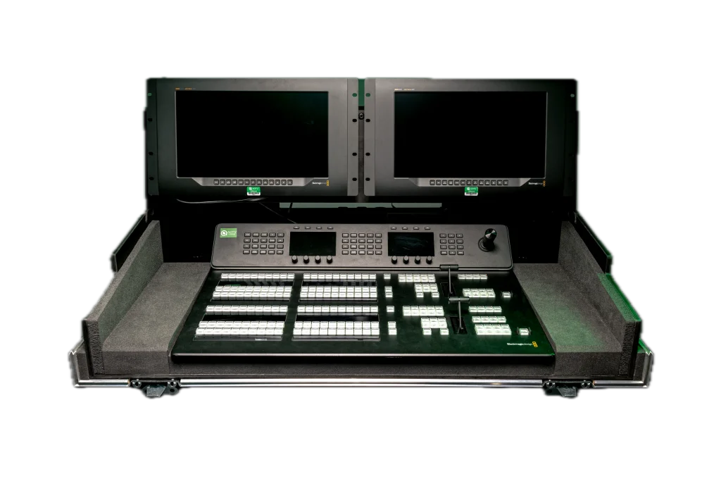 Blackmagic 2 M/E ATEM Advanced Panel 20 with Monitors Kit – live production for hire in Cardiff